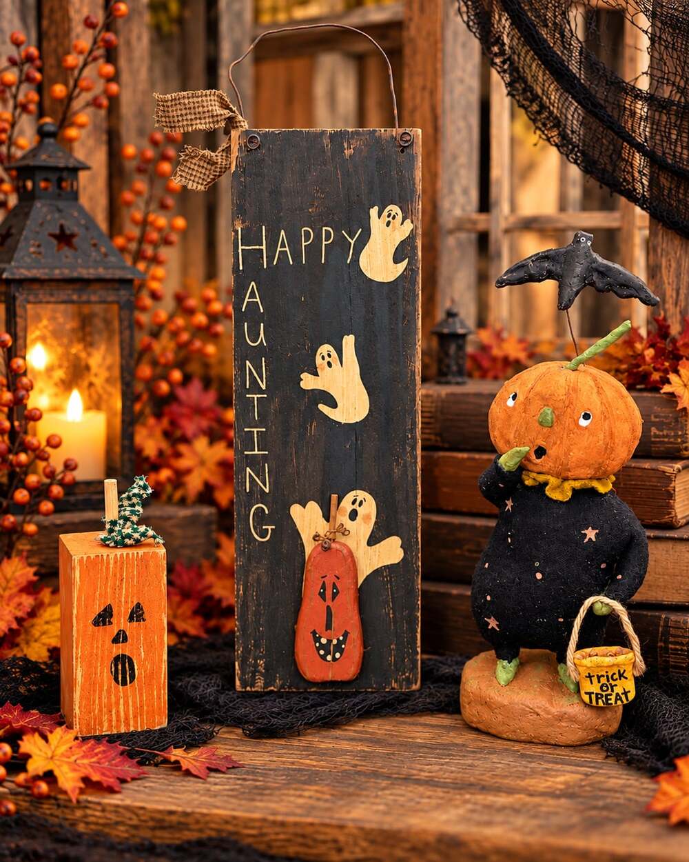 Primitive Folk Art Halloween Pumpkin Head Scarecrow Figurine Wood Decor Lot Vtg
